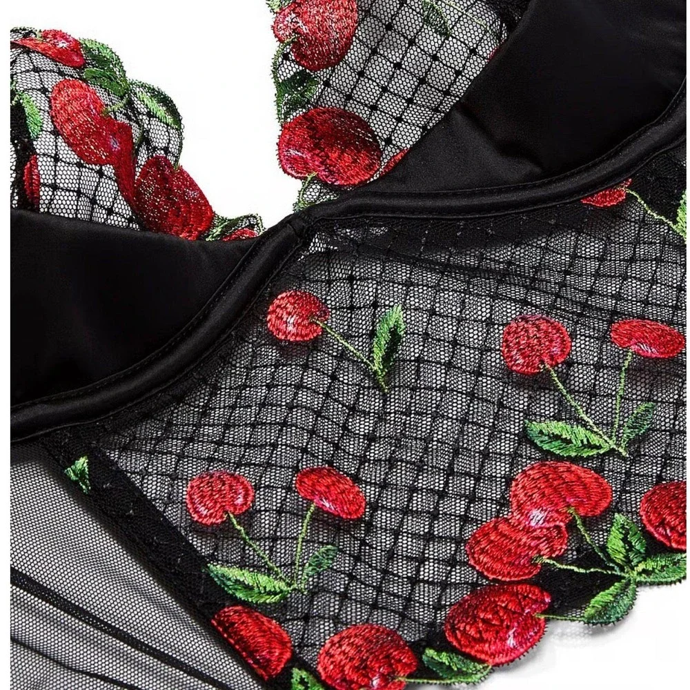 Victoria's Secret Cherry Corset Bra Black Mesh‎ 32DD Bustier Lingerie New